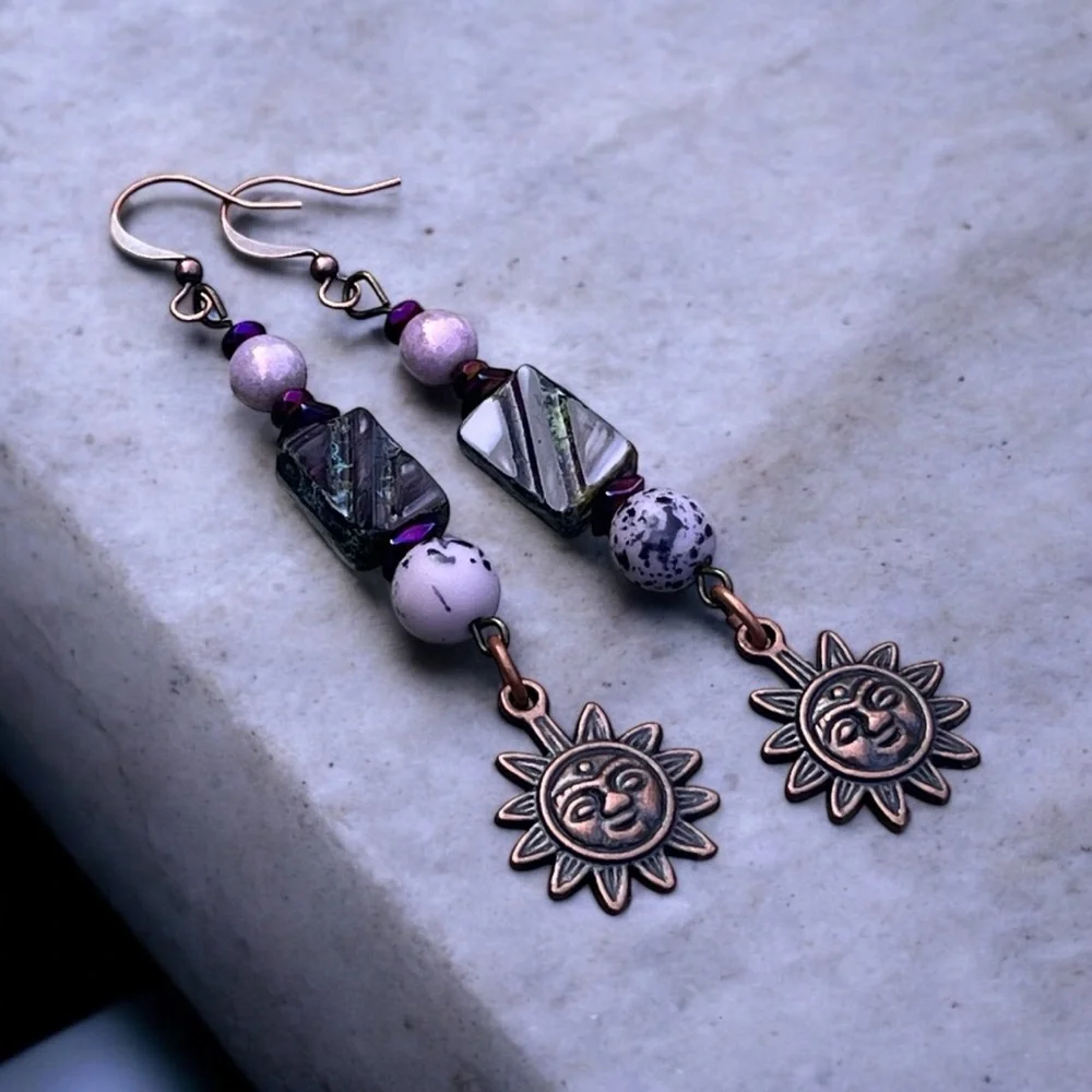 Handcrafted Sun Charm Dangle Earrings in Purple and Copper - Picture 5 of 13